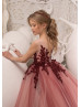 Maroon Lace Applique Tulle Corset V Back Floor Length Flower Girl Dress
